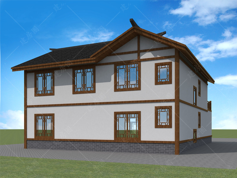 农村二层中式风格自建房设计图背面效果图