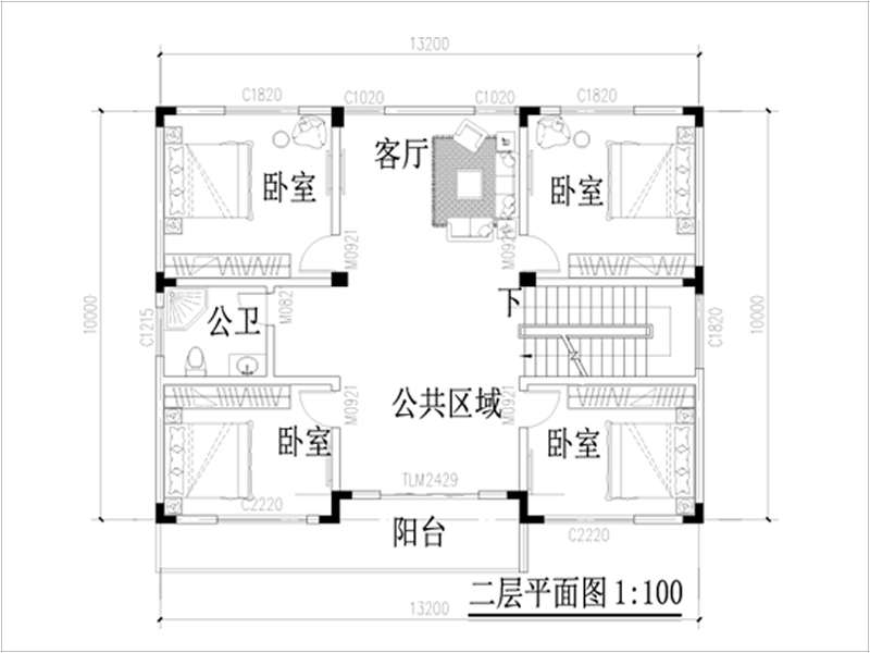 农村小型框架别墅设计二层平面图