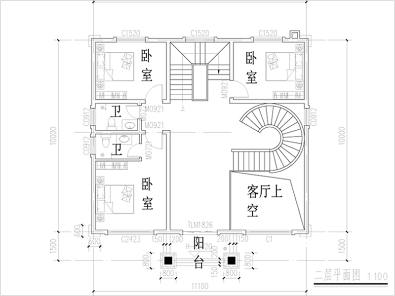 30万农村三层别墅二楼户型图