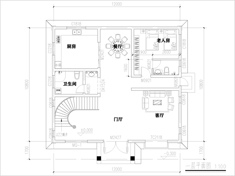 农村三层半别墅一层户型图