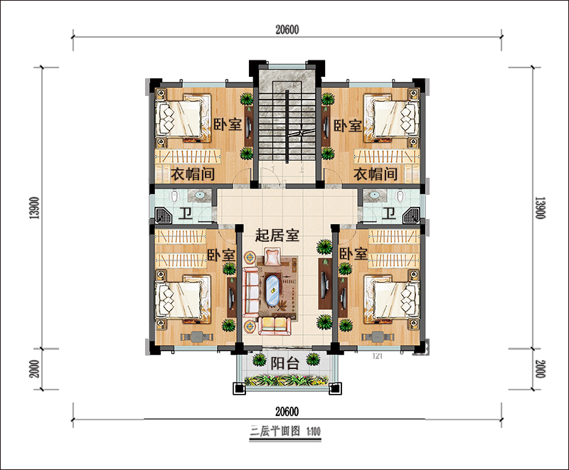 四层欧式双拼别墅三楼户型图