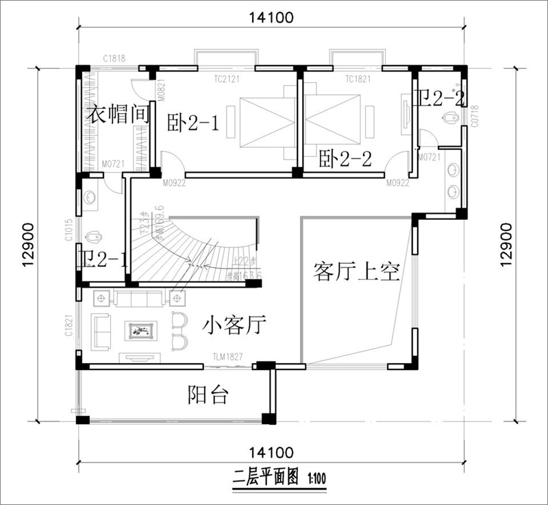 现代四层别墅设计二层户型图