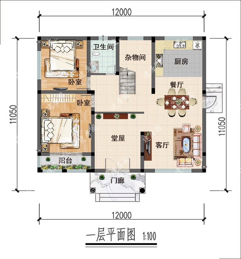 2层建筑面积:235平方米,面宽12米,进深11米自建房二层主要是休息区