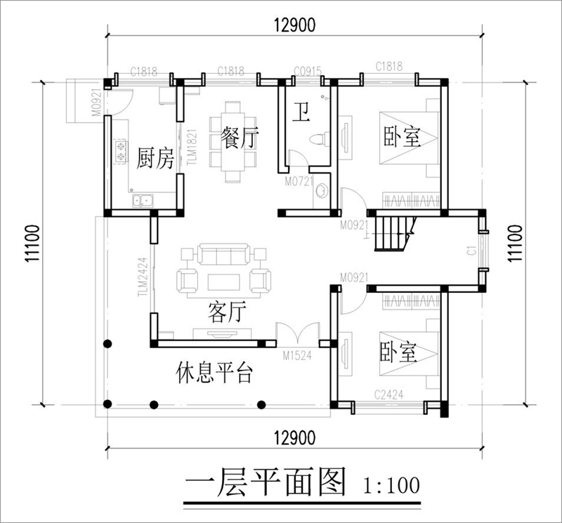 农村二层现代自建房设计图纸一层平面布局图