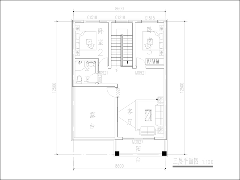 农村徽派建筑三层平面图