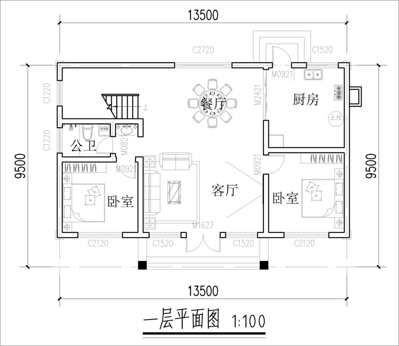 农村120平方二层别墅一层平面布局