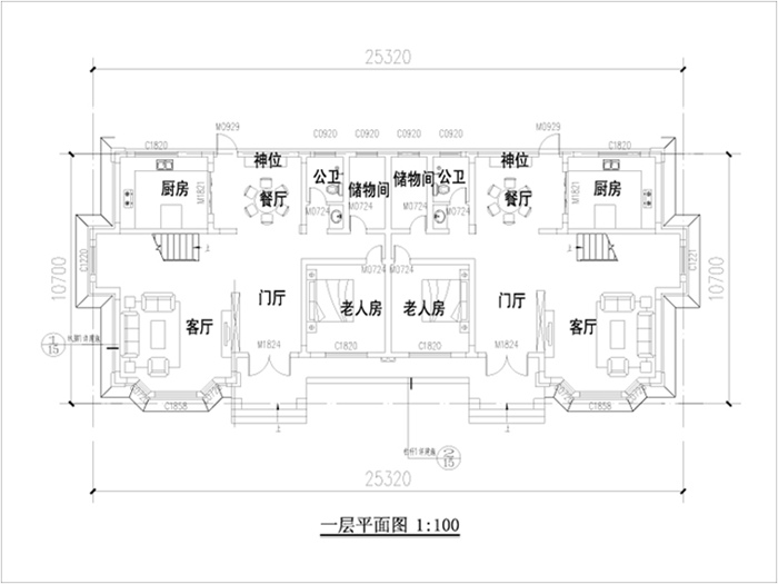 两户联排平面图