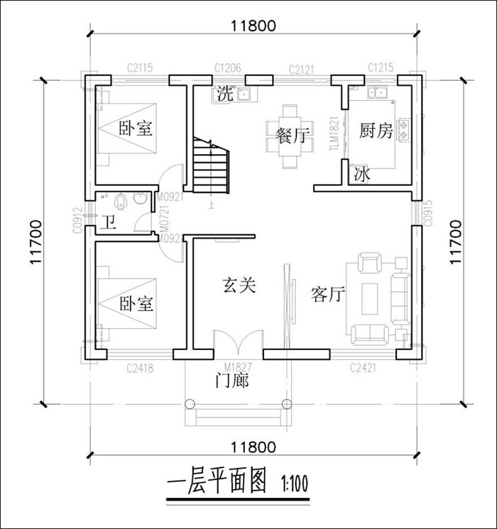 三间二层自建房平面图