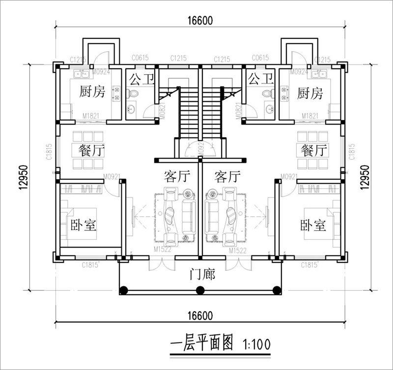 农村二层双拼别墅设计一层户型图