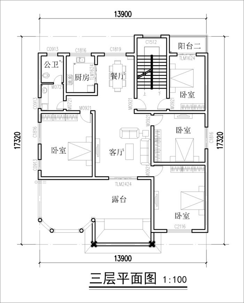 欧式自建别墅三层平面布局图