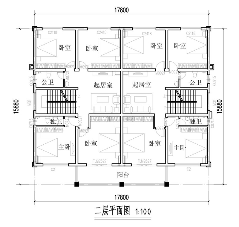 农村双拼三层别墅二楼平面图