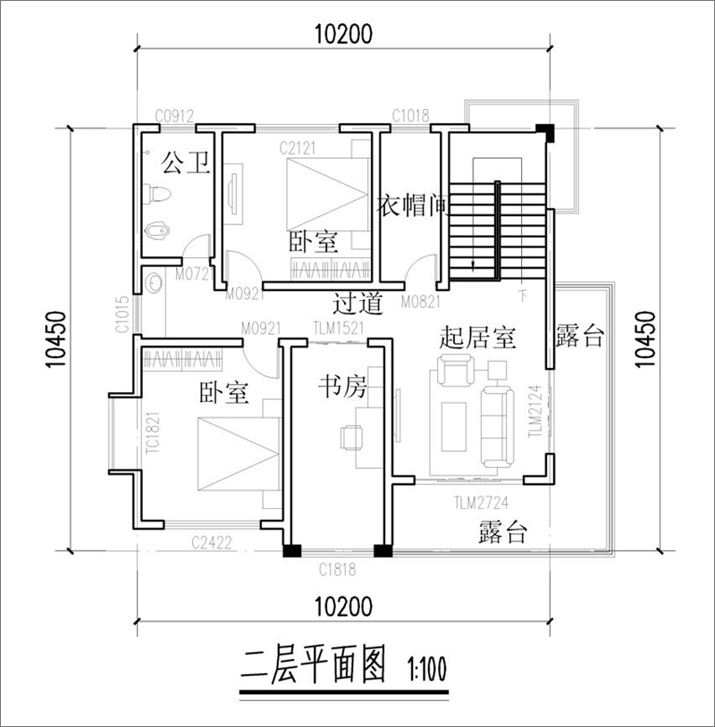 三层现代风格别墅二楼户型图