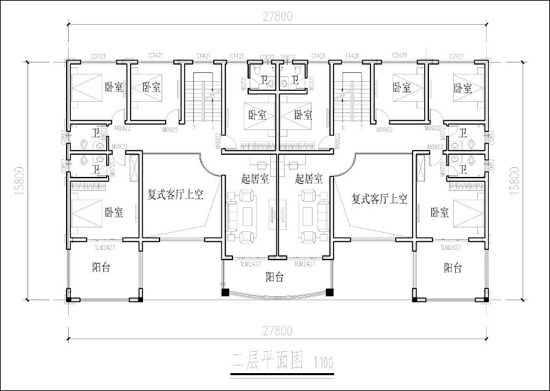 农村双拼自建房二层平面图