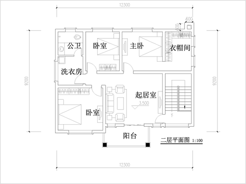 12x9米自建房二层平面图