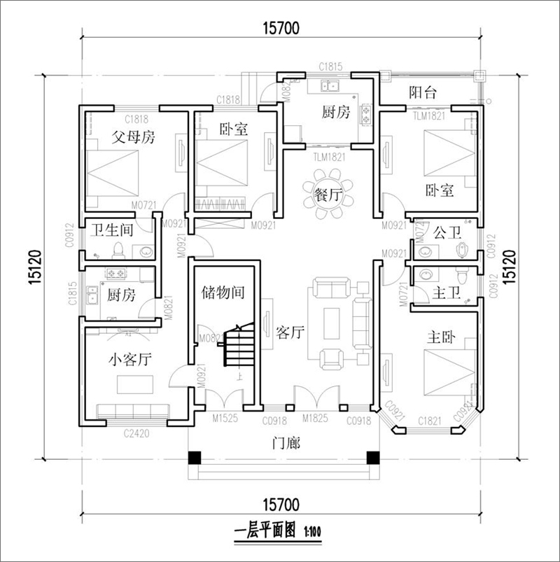 农村三层欧式自建别墅一层平面布局图