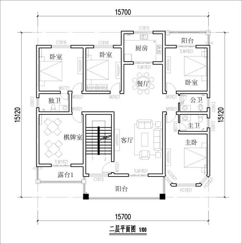 农村三层欧式自建别墅二层平面布局图