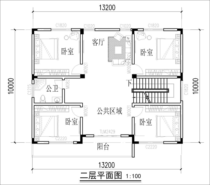 农村小型框架别墅设计二层平面图