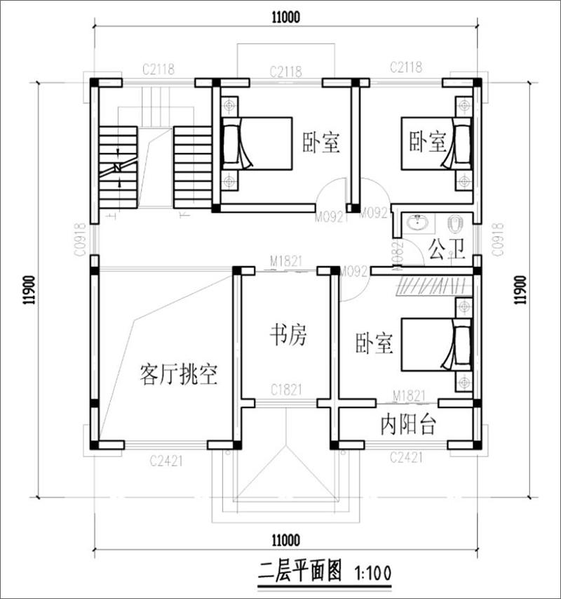 新中式三层别墅设计图纸二层平面布局图