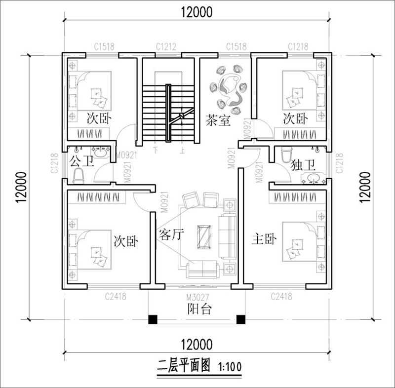 农村三层自建别墅二层平面户型图