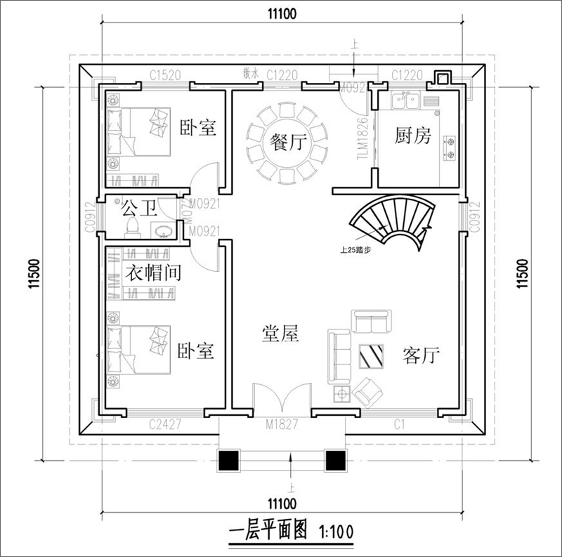 30万农村三层别墅一层户型图