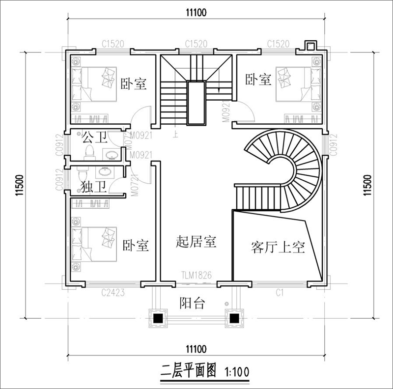 30万农村三层别墅二楼户型图