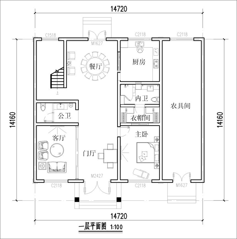 农村中式别墅设一层户型图