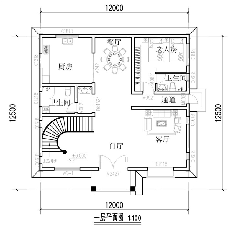 农村三层半别墅一层户型图