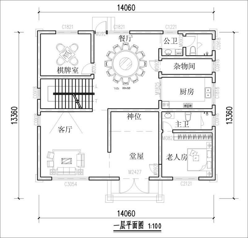 粉色欧式别墅一层平面图