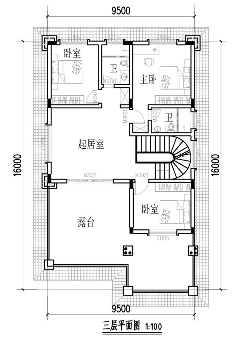 两间别墅三层平面户型图