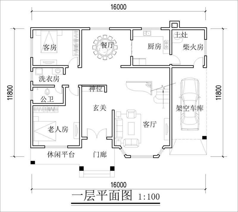 农村二层欧式自建房设计图纸一层平面布局图