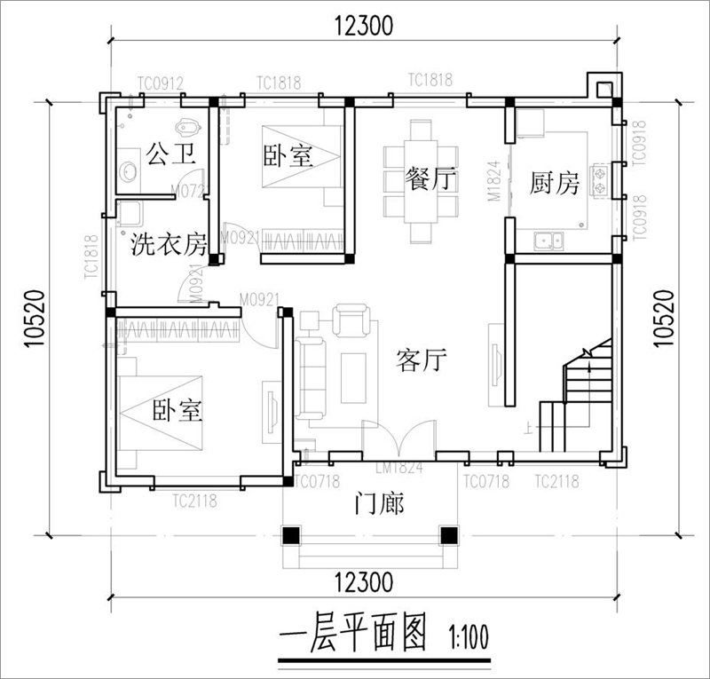 农村二层欧式风格自建别墅一层平面布局图