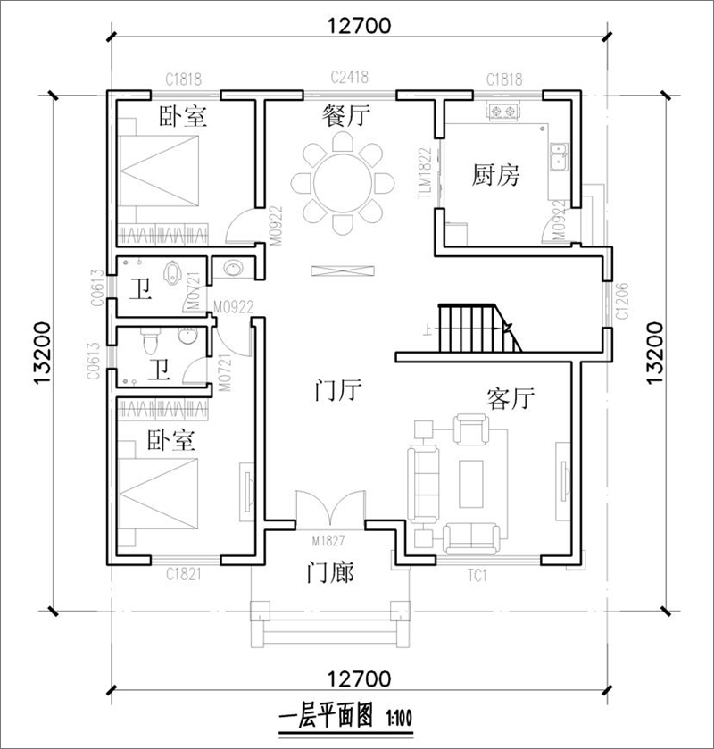 150平面别墅一层平面图