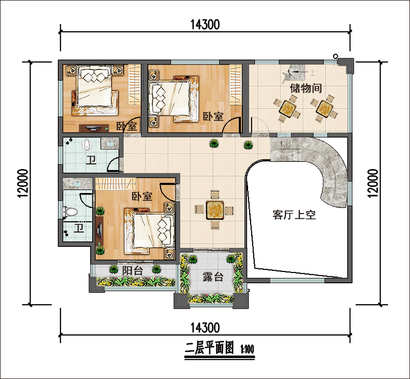 14米x12米三层现代自建房二层平面图