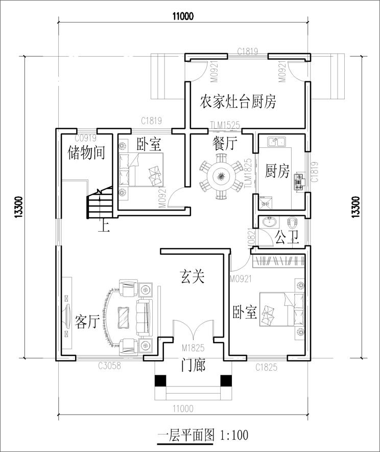 11米x13米农村三层自建房平面图