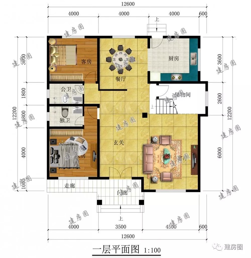 13米x12米自建房一层平面图