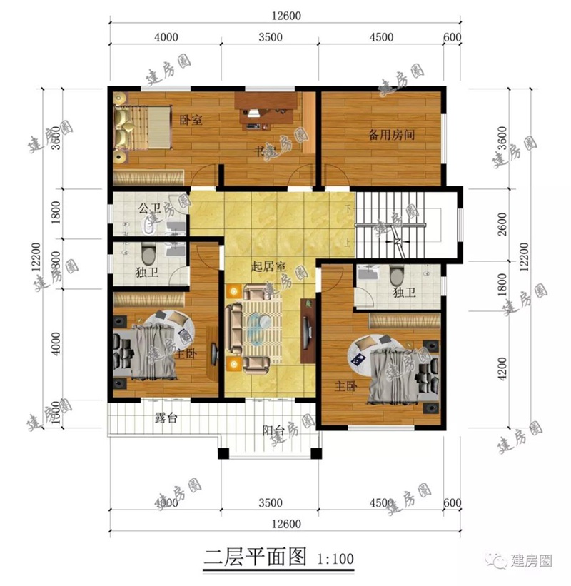 13米x12米自建房二层平面图