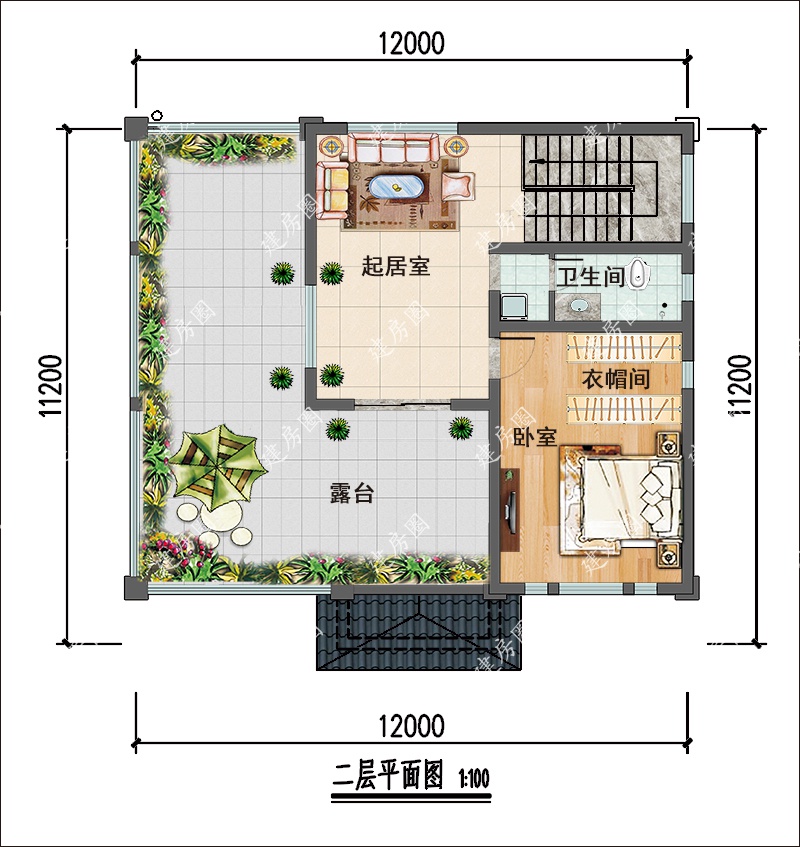 12米x11米农村一层半小别墅平面图