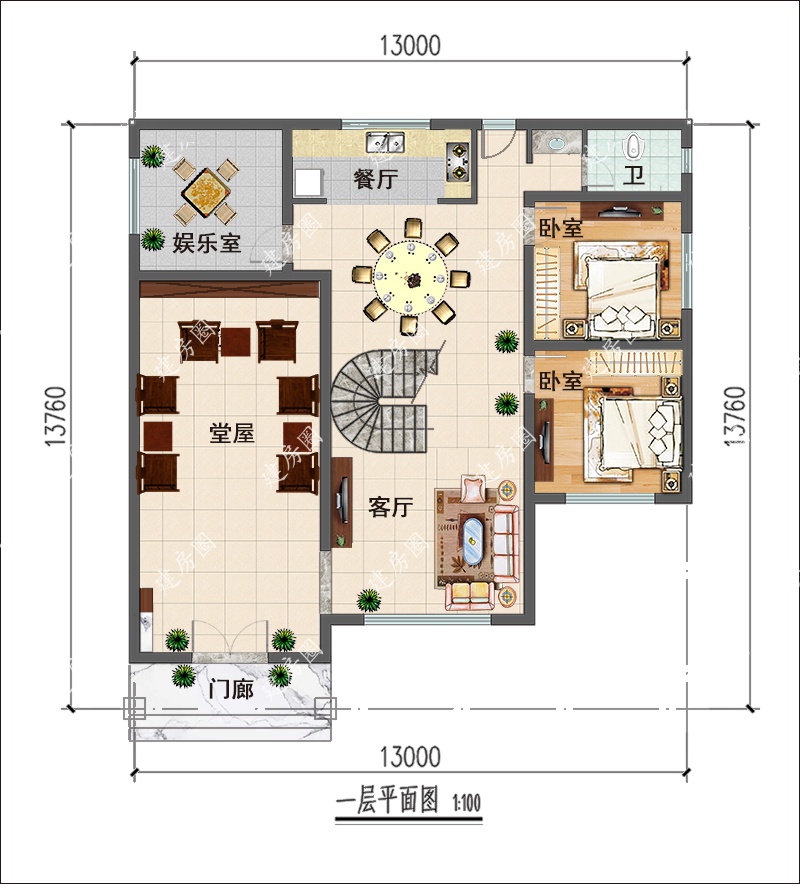 13米x14米三层农村自建房户型图