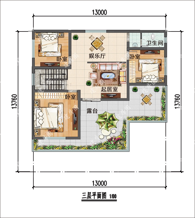 13米x14米三层农村自建房平面图