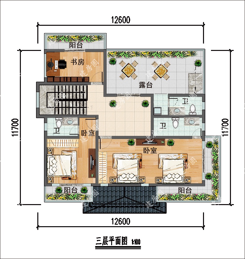 13米x12米农村三层别墅户型图