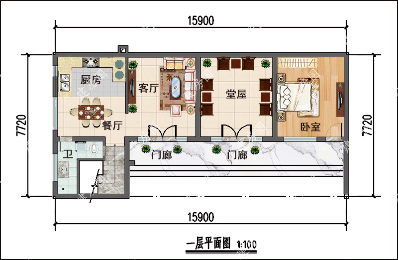 农村L型两层楼房一层平面图