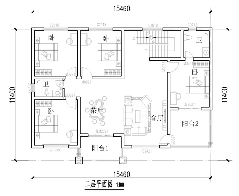 15米x11米农村四间两层房屋户型图