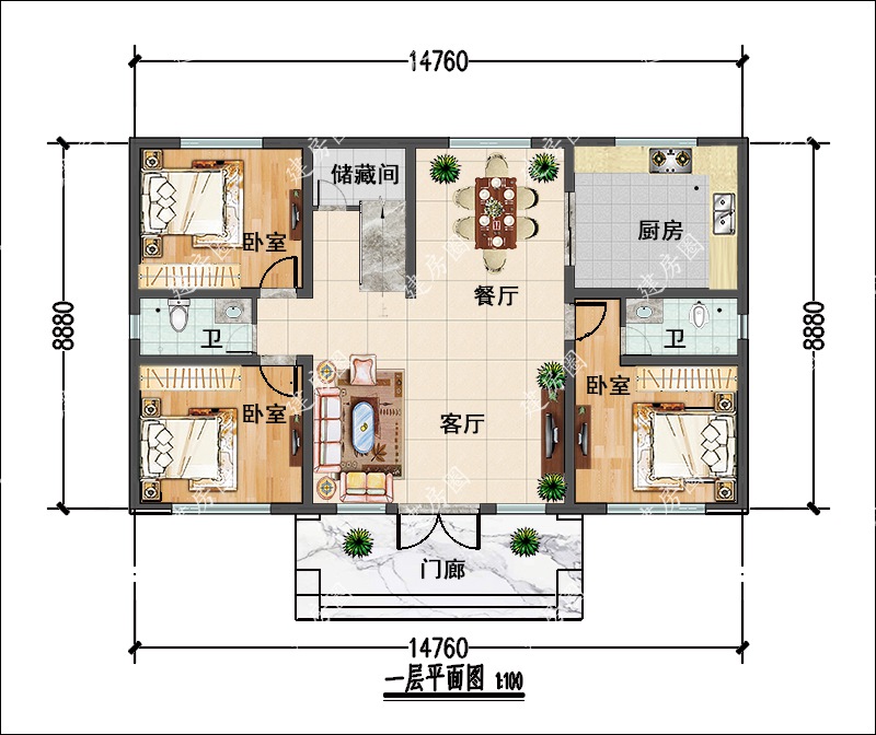 15米x9米农村二层自建房一层平面图