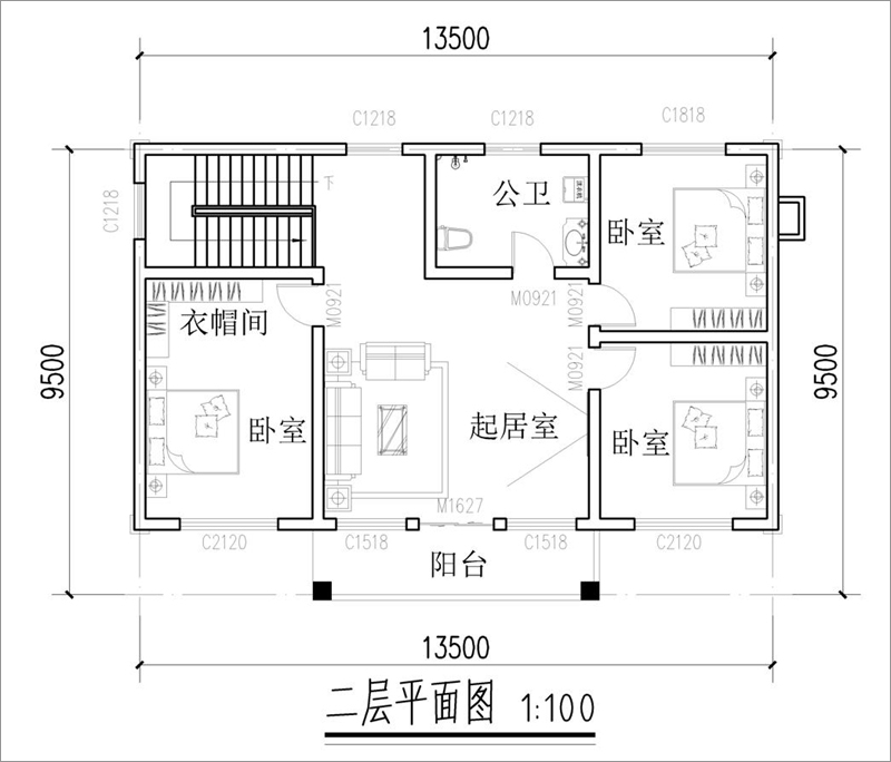 14x8米自建房二层平面设计图