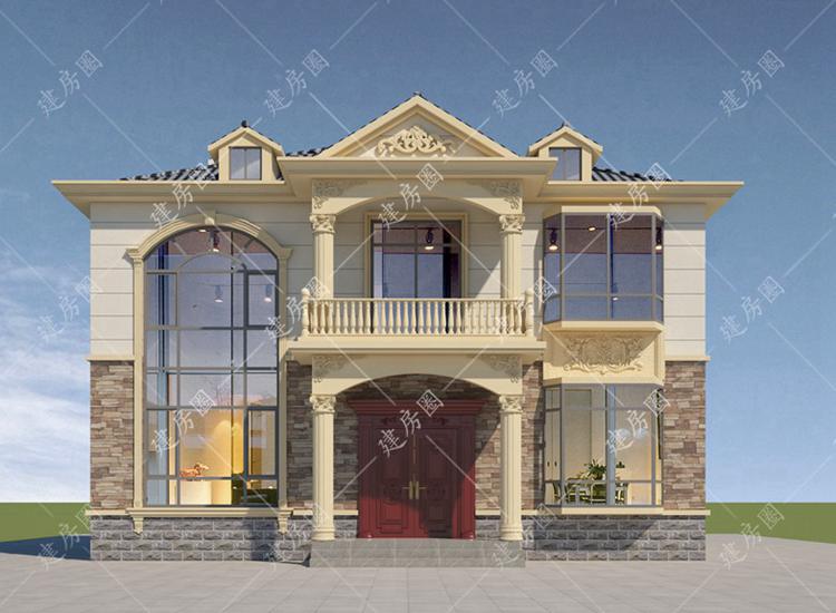 农村12x12米两层欧式小别墅设计，罗马柱门厅带老虎窗