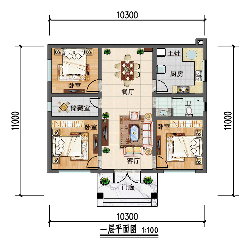 10米 x11米农村一层自建房设计图纸,新中式外占地110平方