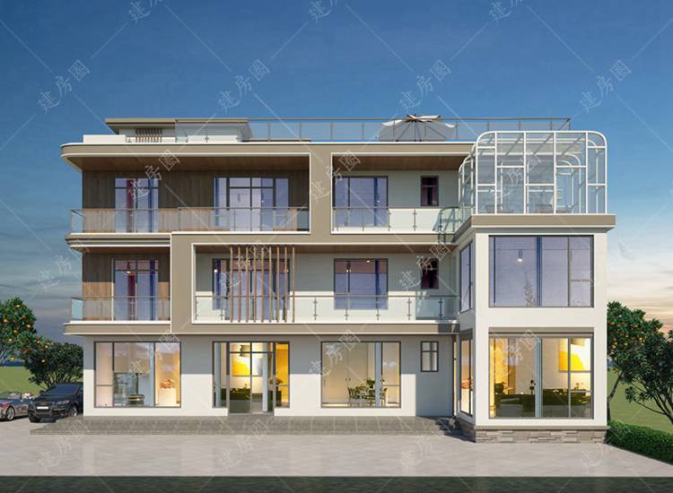 18米x12米三层现代别墅设计图纸，平屋顶带阳光房设计